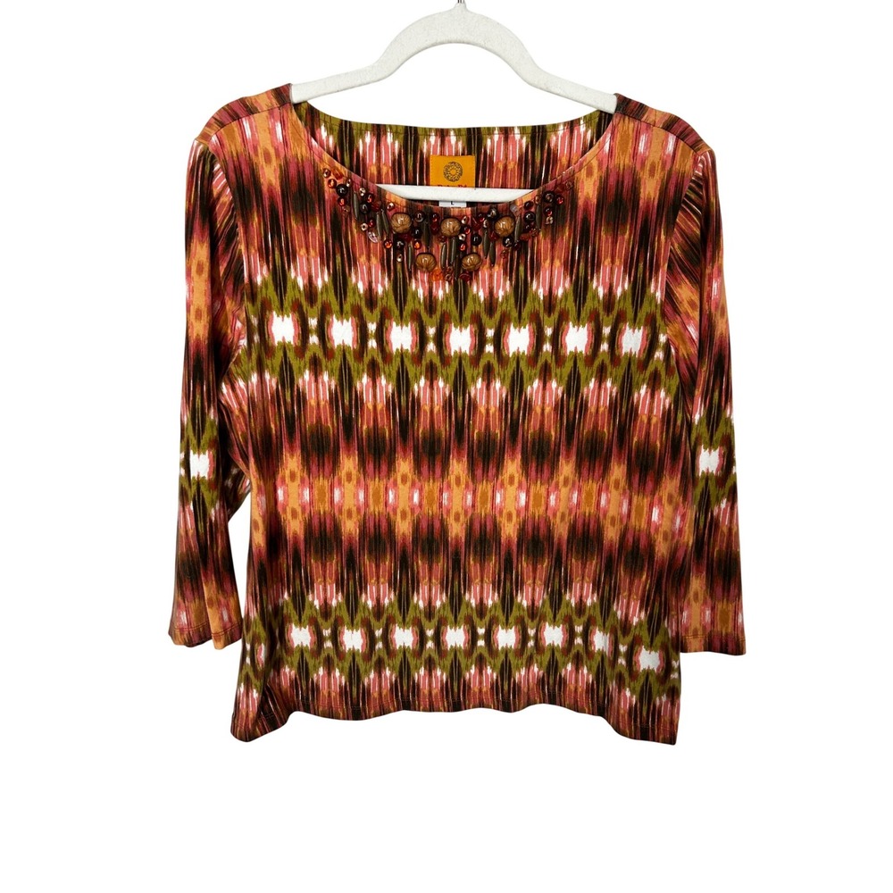Ruby Rd. Patterned Blouse Embellished Neckline 3/4 Sleeves Women's Size Large - Picture 1 of 5